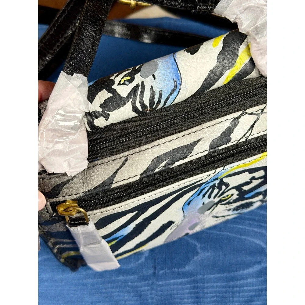 Sharif 1827 Hand Painted Tiger Zebra Leather Crossbody Bag Gold Interior NWT